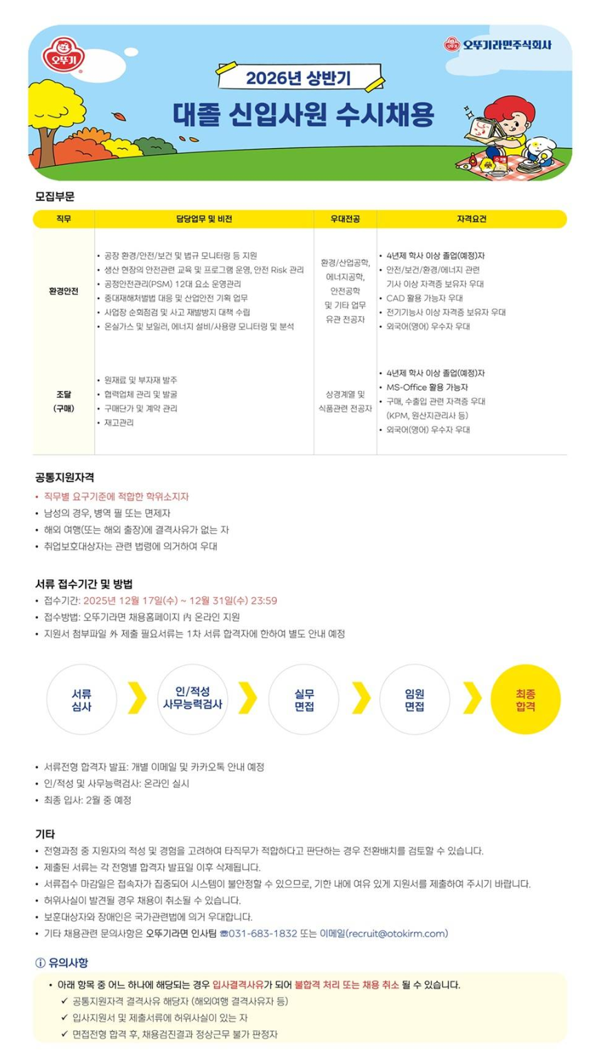 [오뚜기라면] 2026년 상반기 대졸 신입사원 수시채용(환경안전, 조달(구매)) (~12/31) 1번째 파일 - 자세한 내용은 본문 참조