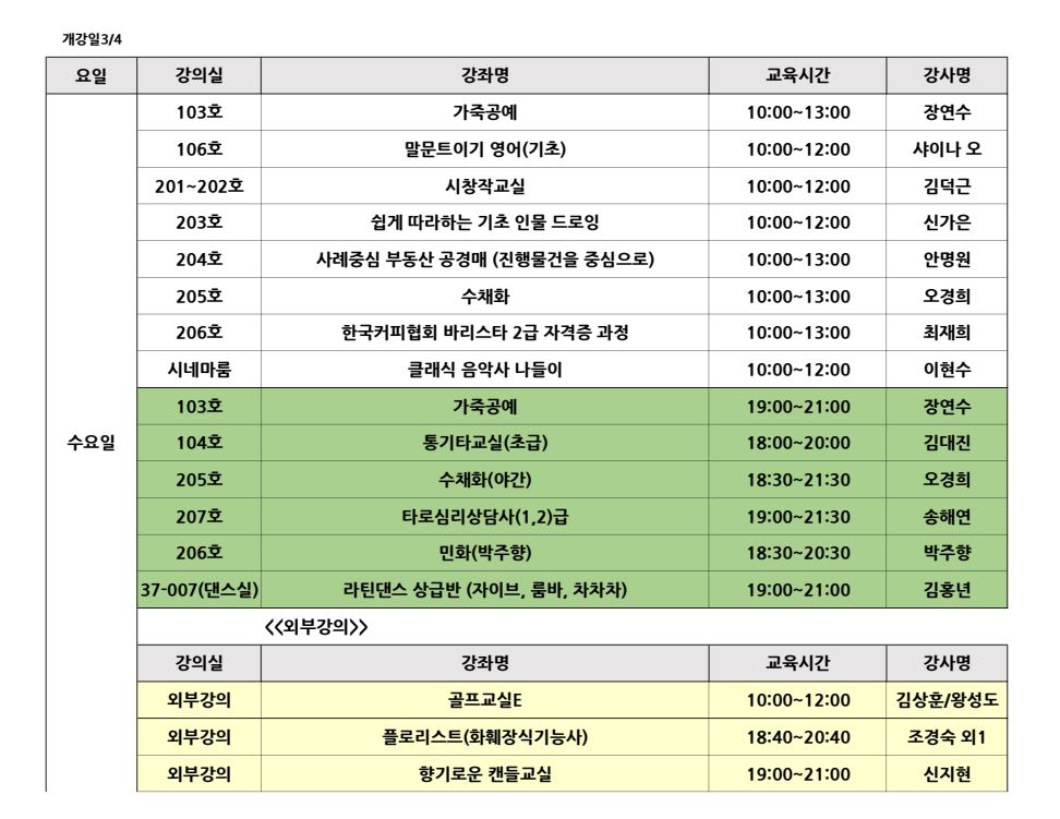 <2026 봄> 요일별 개강강좌목록 강의실 안내 (3월 3일부터 요일별 개강) 3번째 파일 - 자세한 내용은 본문 참조
