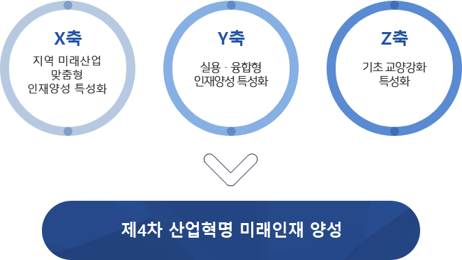 X축-지역미래산업 맞춤형 인재양성 특성화/Y축 실용 융합형 인재양성 특성화/Z축 기초 교양강화 특성화 -  제 4차 산업혁명 미래인재 양성